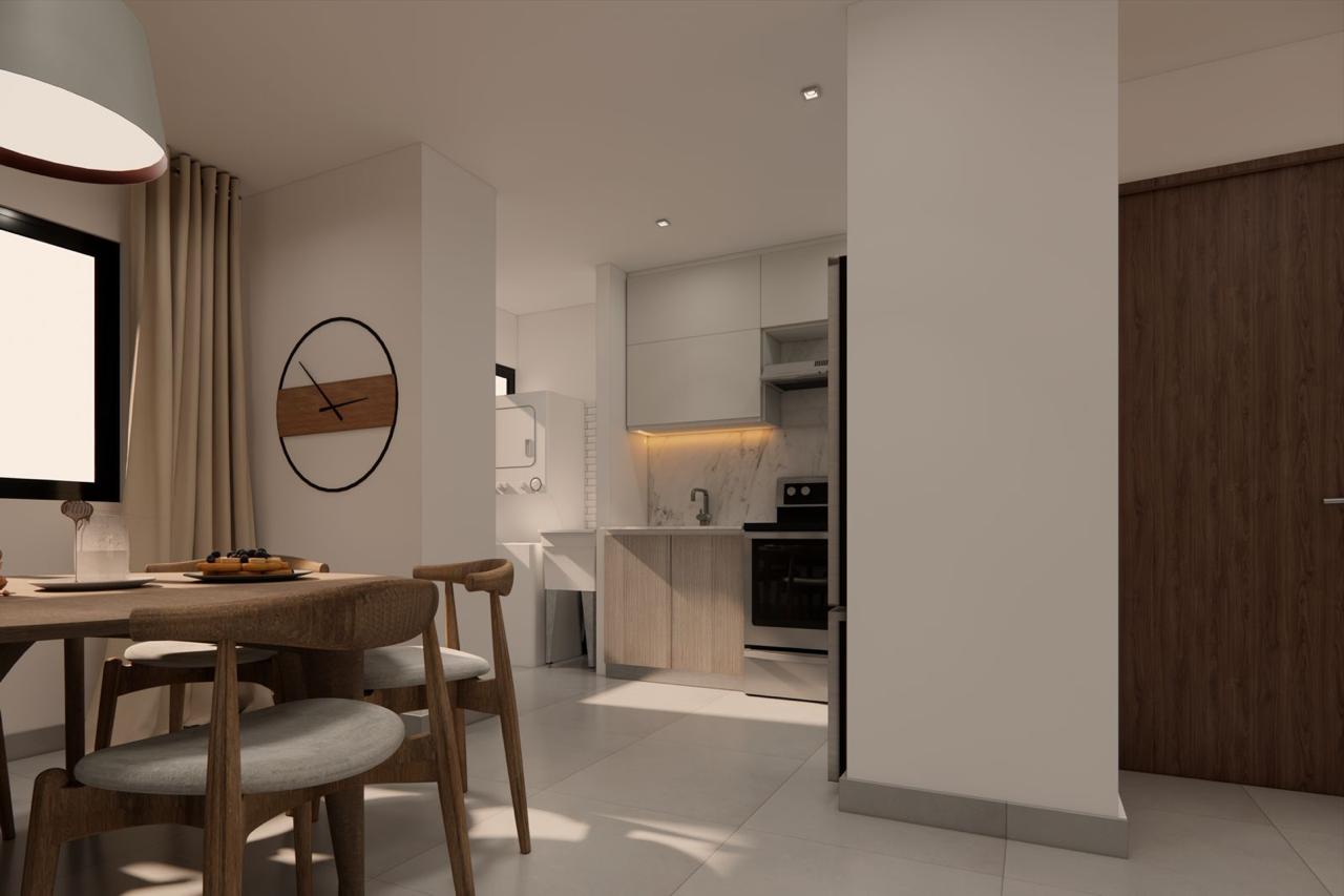 Cocina con detalles de madera y cuarzo